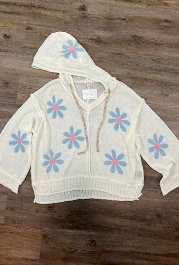 Kyndall - V-neck long sleeve floral print hoodie sweater - Ivory
