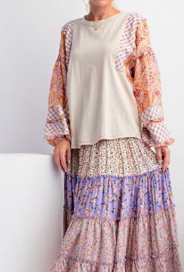 Daria - Mineral washed top with mixed print long sleeves, loose relaxed fit  - Khaki