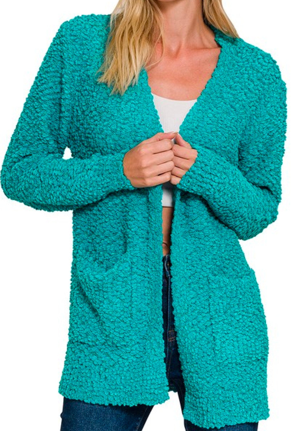 Kasie - Long sleeve popcorn sweater cardigan with pockets
