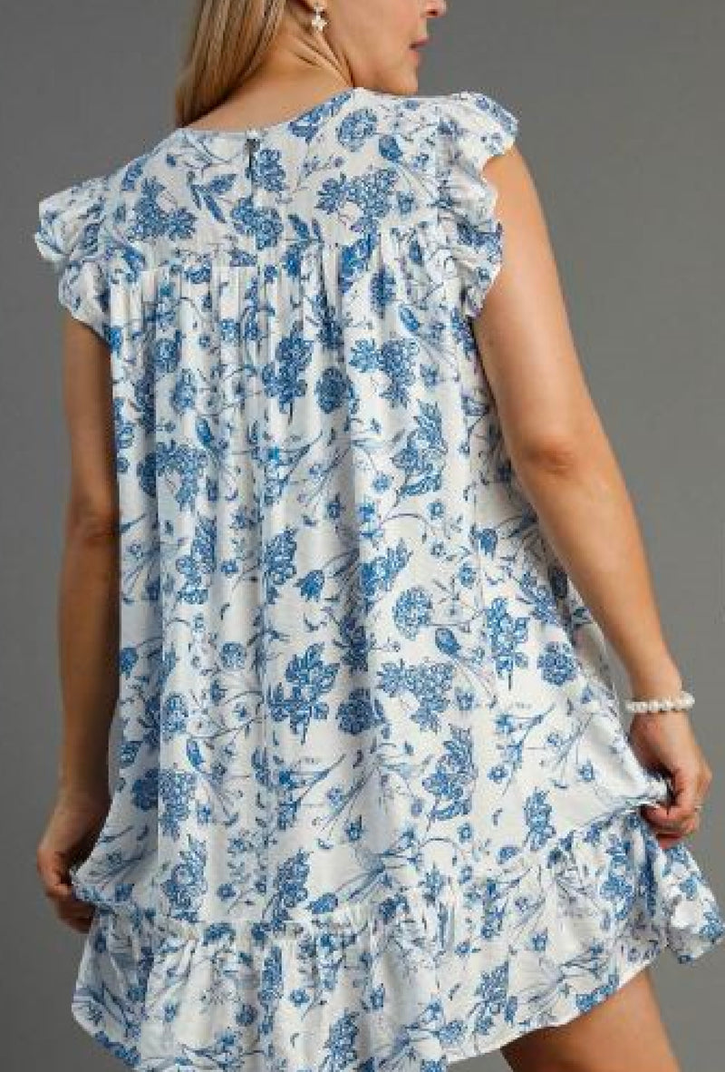 Blu Reign - Two tone floral print mini dress with neck smocked details & short ruffle sleeves - Blue