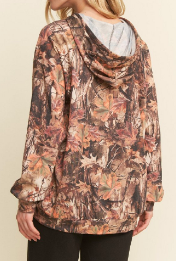 Hunter - Long sleeve drawstring hood multi print hoodie top with kangaroo pocket - Taupe Multi