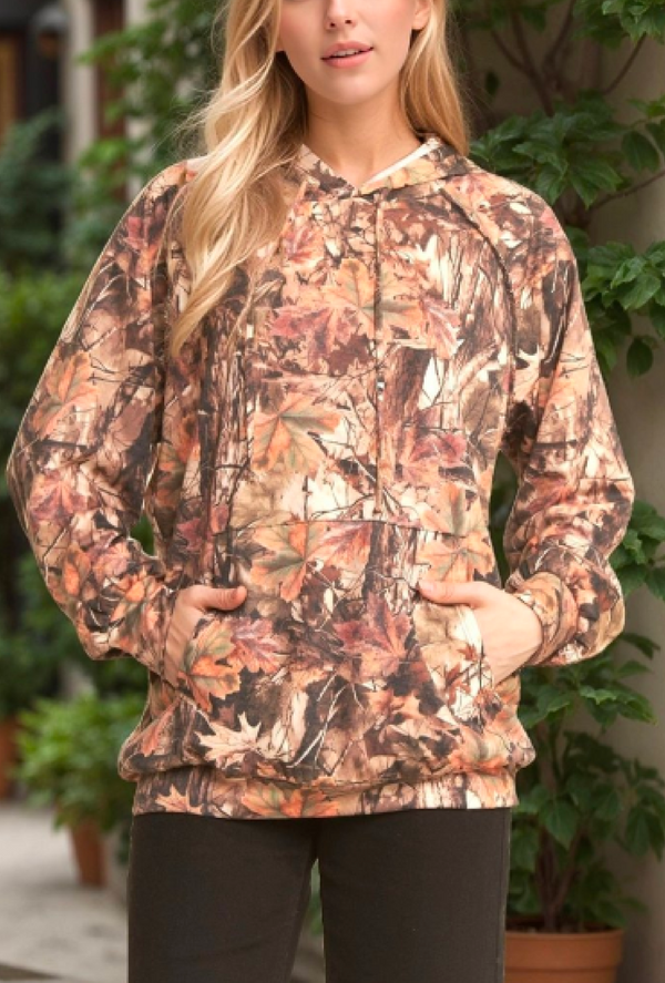 Hunter - Long sleeve drawstring hood multi print hoodie top with kangaroo pocket - Taupe Multi
