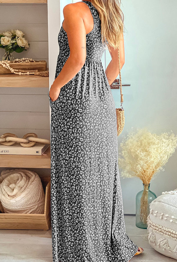 Rose Mary - Leopard print pocketed sleeveless maxi dress - Gray
