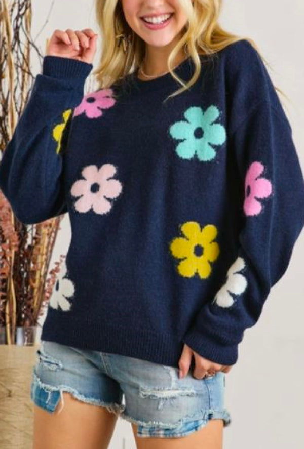 Adora - Flower popped sweater top - Navy