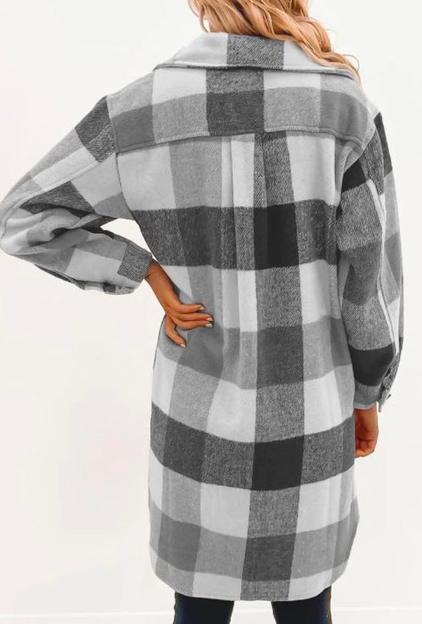 Alia - Plaid Button down flap long shacket w/pocket - Medium Grey or Khaki