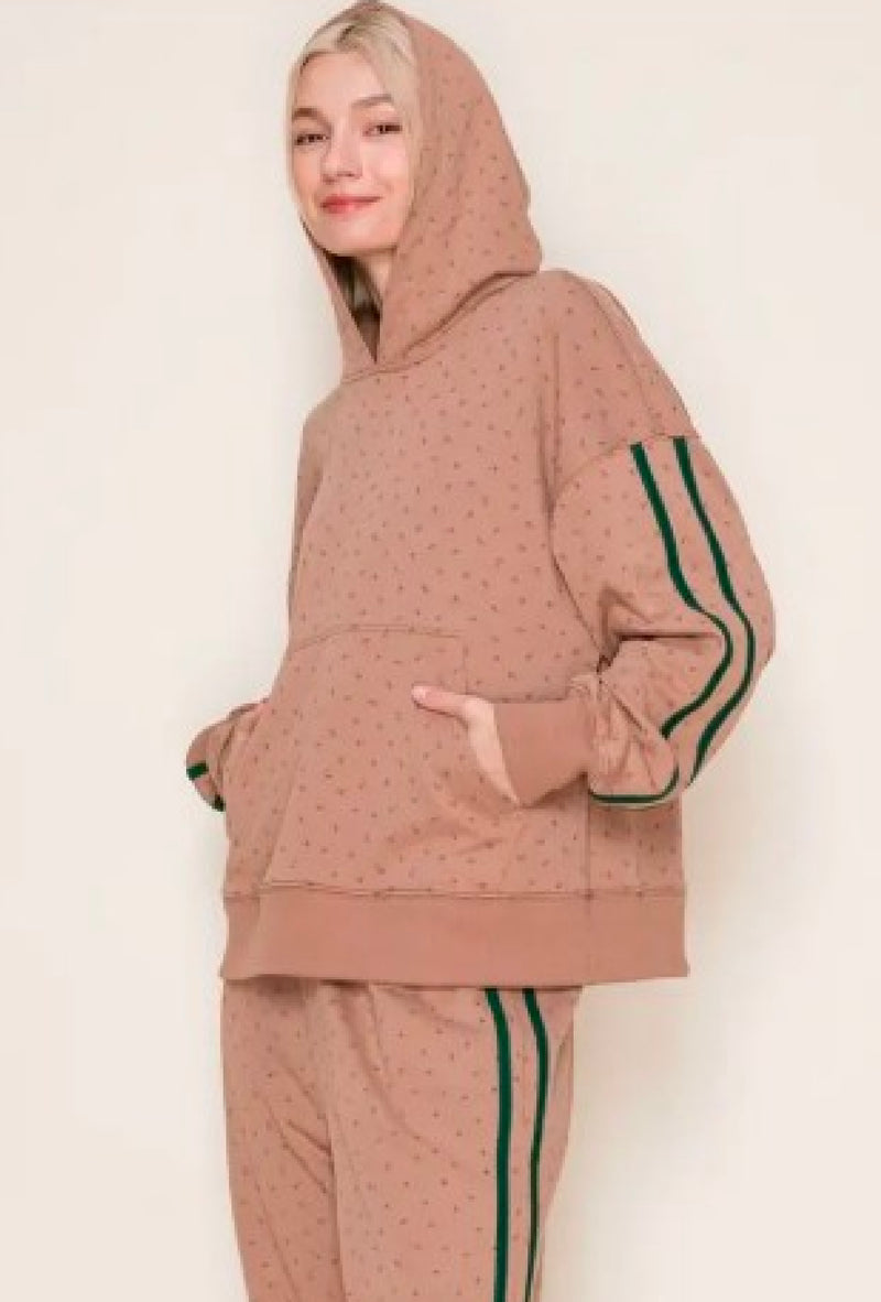 Anjelica - Long sleeve floral print hoodie with high waisted jogger pants set- Toffee