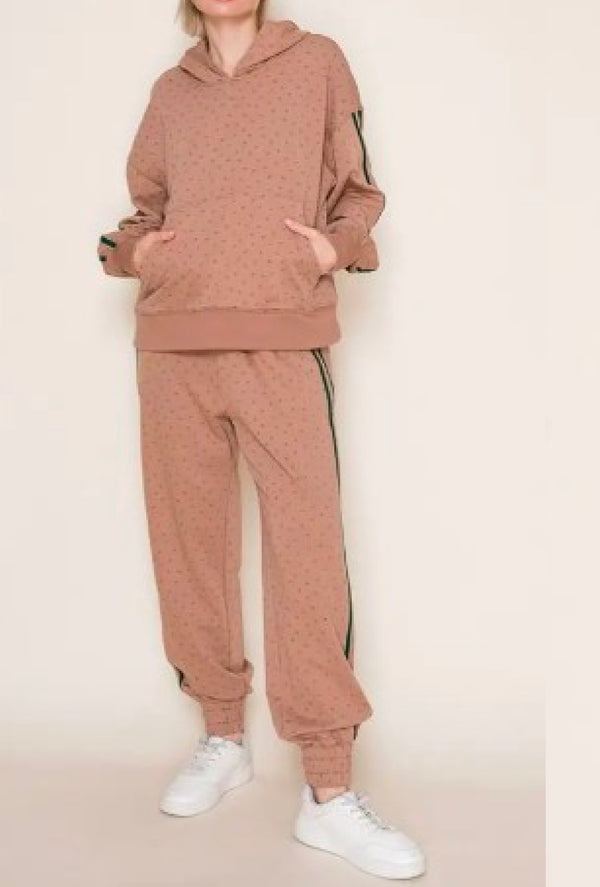 Anjelica - Long sleeve floral print hoodie with high waisted jogger pants set- Toffee
