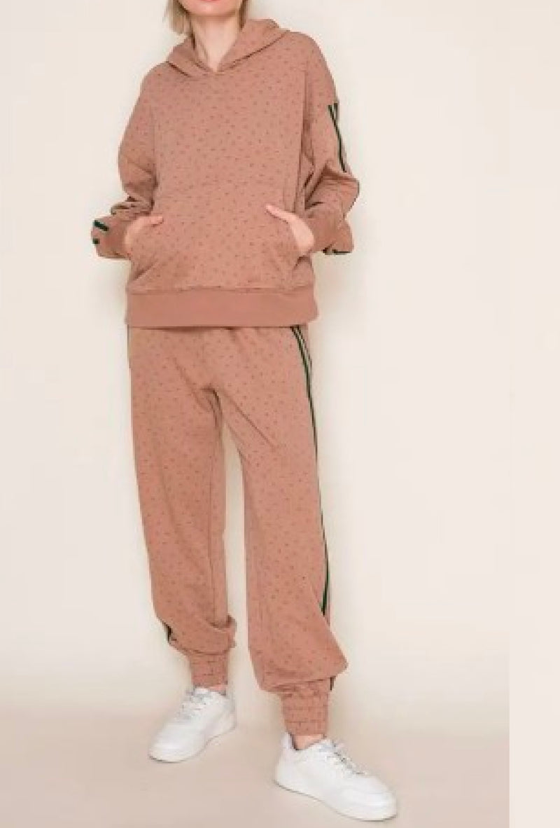 Anjelica - Long sleeve floral print hoodie with high waisted jogger pants set- Toffee