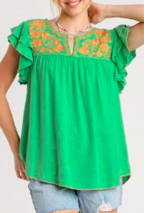 Apple - Umgee Linen split neck embroidery boxy cut pleated top with short ruffle sleeves - Apple Green