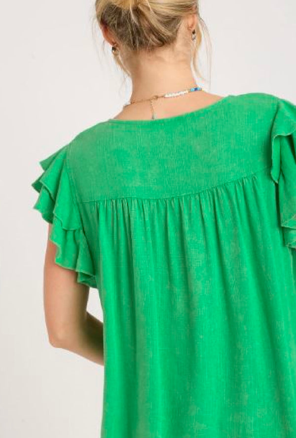 Apple - Umgee Linen split neck embroidery boxy cut pleated top with short ruffle sleeves - Apple Green