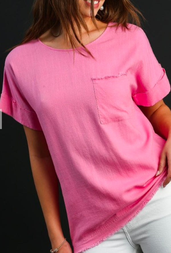 Barbee - Linen blend top with cuffed sleeves and frayed hem line
