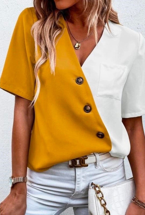 Billee - V Neck buttoned color block top - Yellow