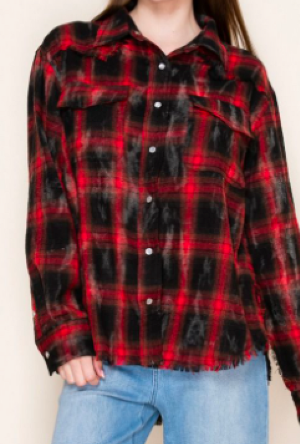 Birch - Long sleeve paid knit top with button down front patch pockets and distressed hem