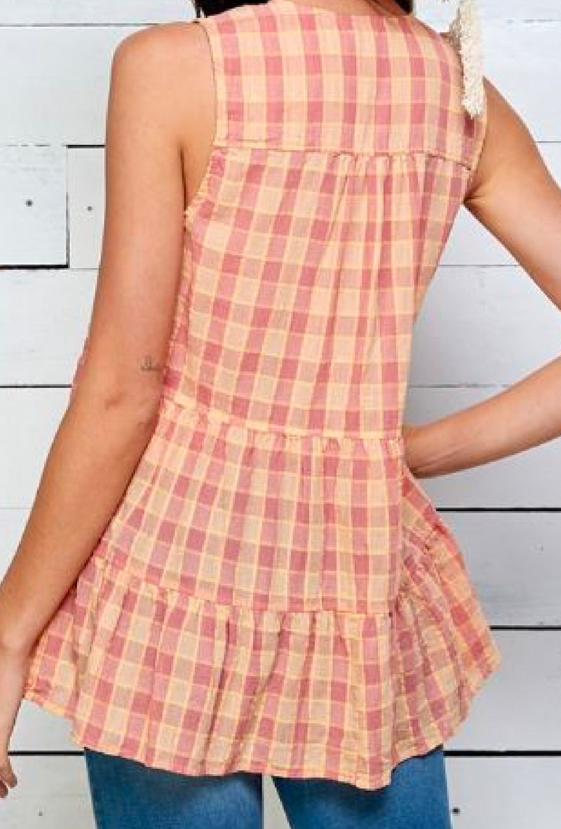 Bria - Cotton gingham print sleeveless with button - Orange