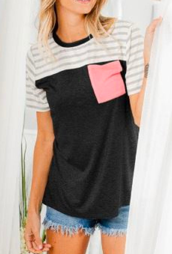 Brooklyn - Short sleeve round neck solid and stripe print contrast top with front pocket detail - Black