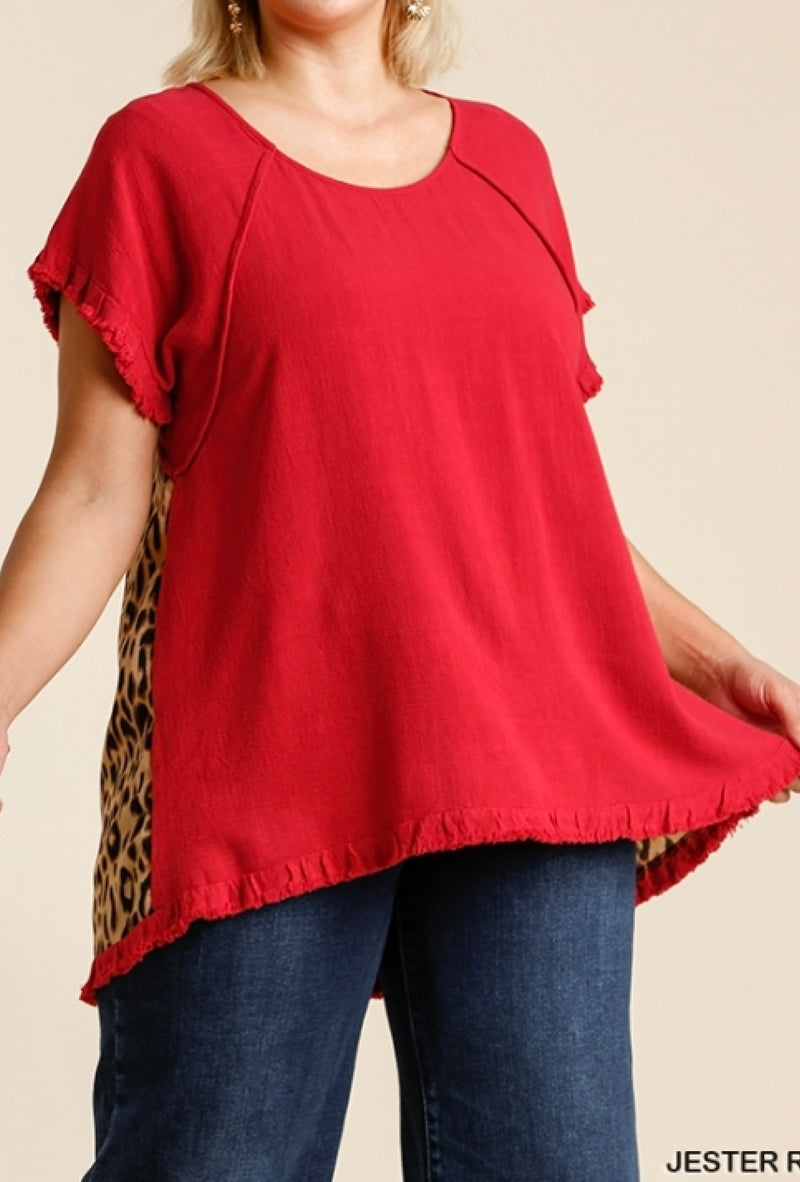 Callie - Umgee Short ruffle sleeve round neck top with animal print scoop back