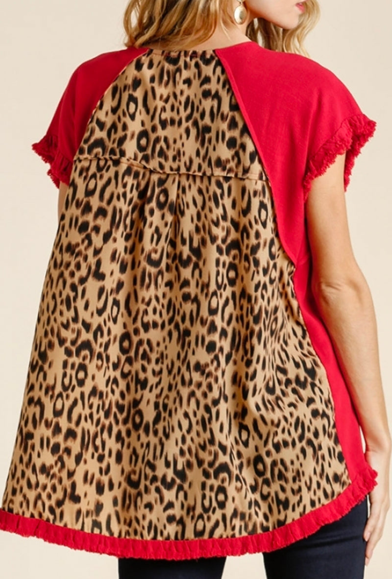 Callie - Umgee Short ruffle sleeve round neck top with animal print scoop back