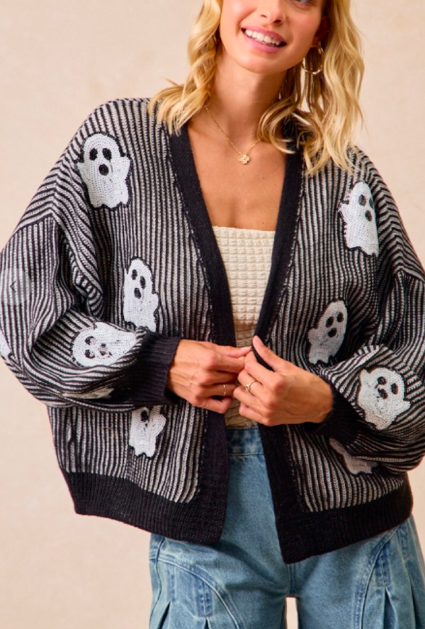Casper - Halloween theme two tone knit cardigan with ghost sequins patch - Black/Ivory