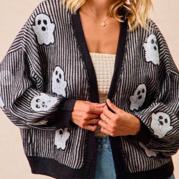 Casper - Halloween theme two tone knit cardigan with ghost sequins