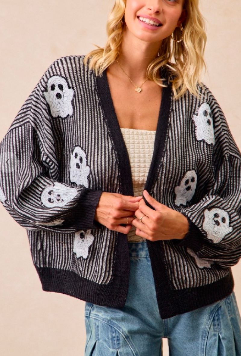 Casper - Halloween theme two tone knit cardigan with ghost sequins patch - Black/Ivory