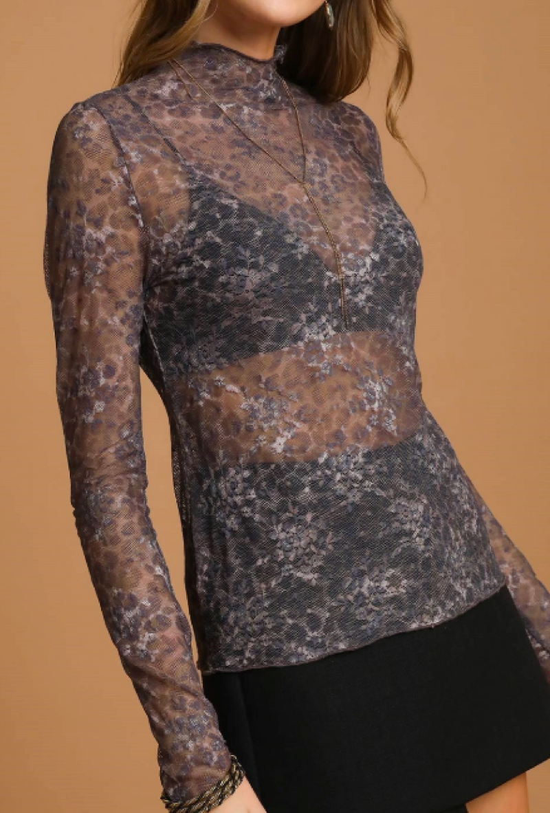 Cherie - Umgee leopard mesh long sleeve top, mock neckline fitted silhouette