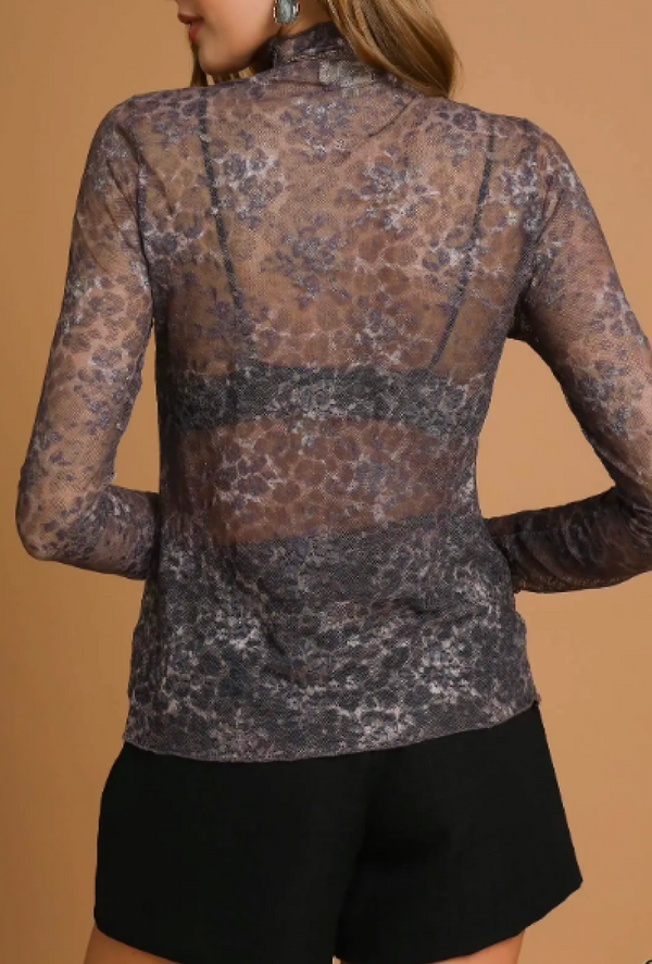 Cherie - Umgee leopard mesh long sleeve top, mock neckline fitted silhouette