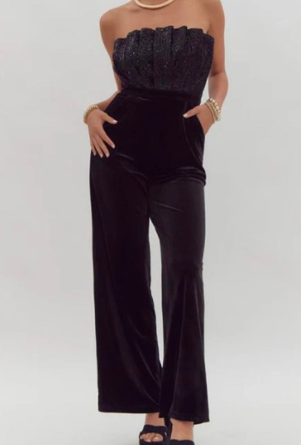 Danyelle - Velvet sequin jumpsuit with pleated top and smocked back, side pockets