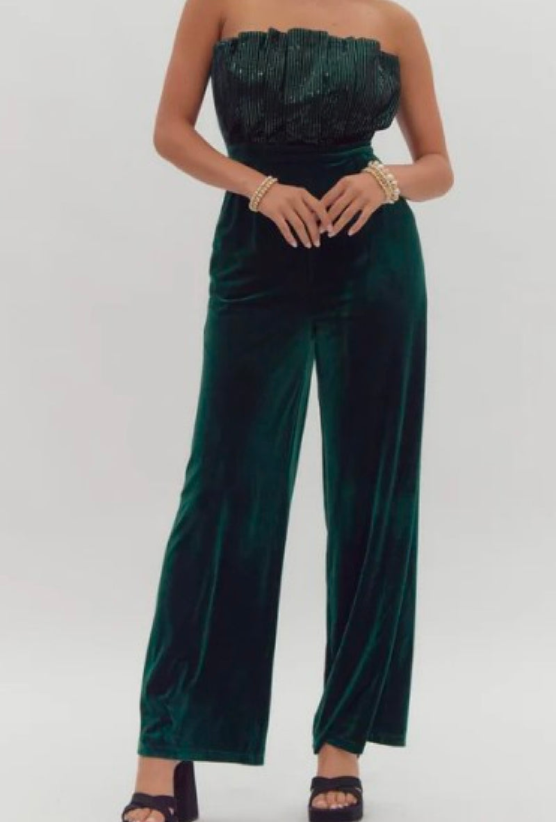 Danyelle - Velvet sequin jumpsuit with pleated top and smocked back, side pockets