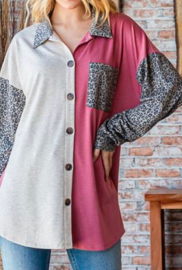 Dena - Long puff sleeve basic collar neck solid & animal print contrast button down top with front pocket detail -  Mauve