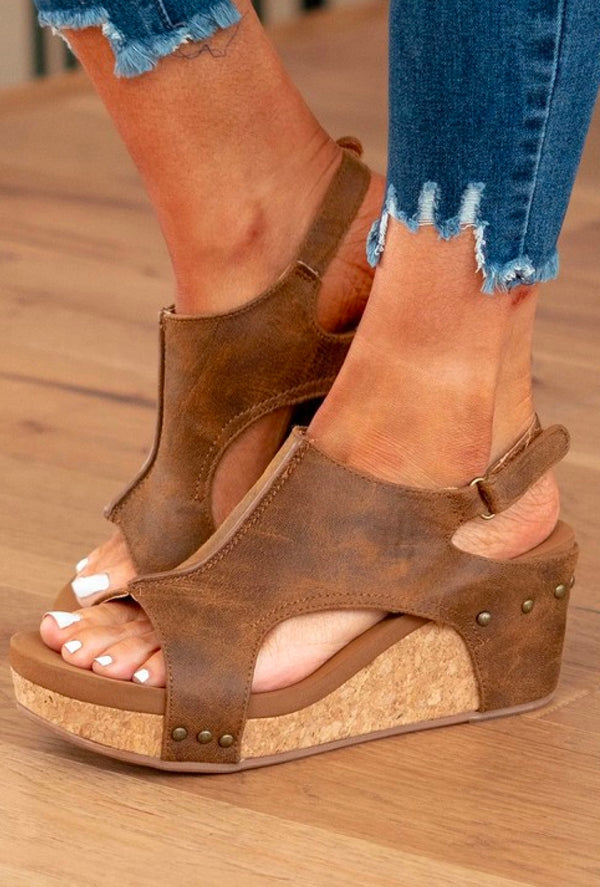 Destin - Vintage leather stitching studded wedge sandals - Brown