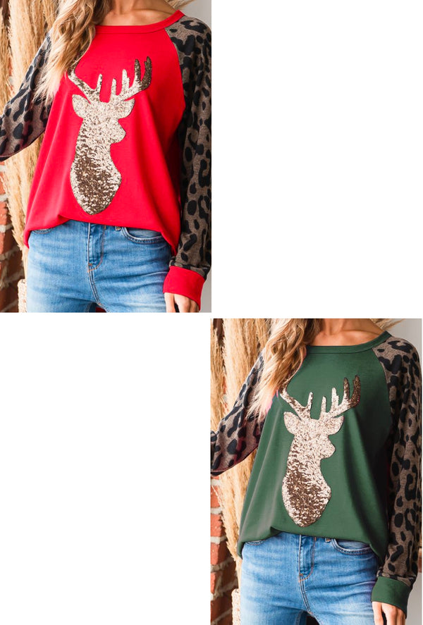 Donner - Long sleeve round neck solid & animal print top with reindeer patch