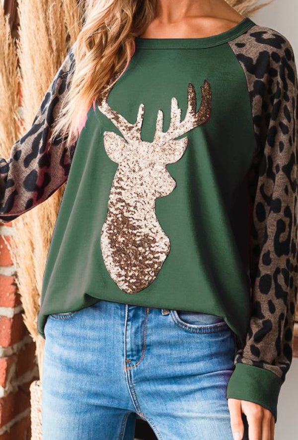 Donner - Long sleeve round neck solid & animal print top with reindeer patch