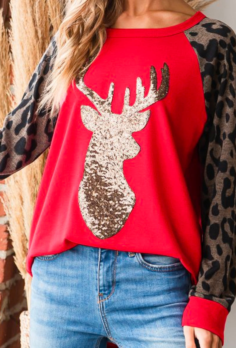 Donner - Long sleeve round neck solid & animal print top with reindeer patch