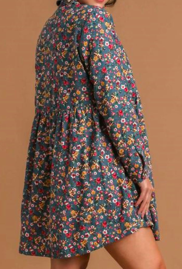 Dusty Blu - Umgee Floral print corduroy collar dress