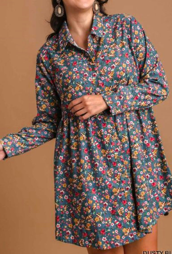 Dusty Blu - Umgee Floral print corduroy collar dress