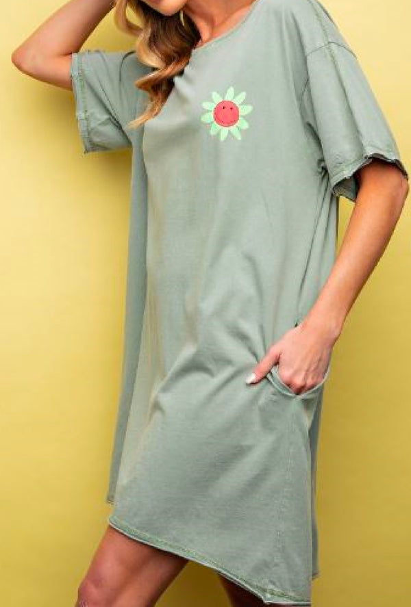 Erica Sole - Silk screen floral print washed tunic dress with side pockets - Sage