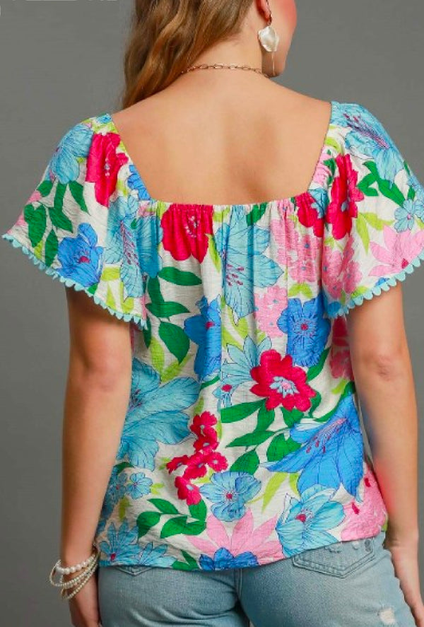 Flowers - Umgee Floral print babydoll top, square neckline scalloped edges