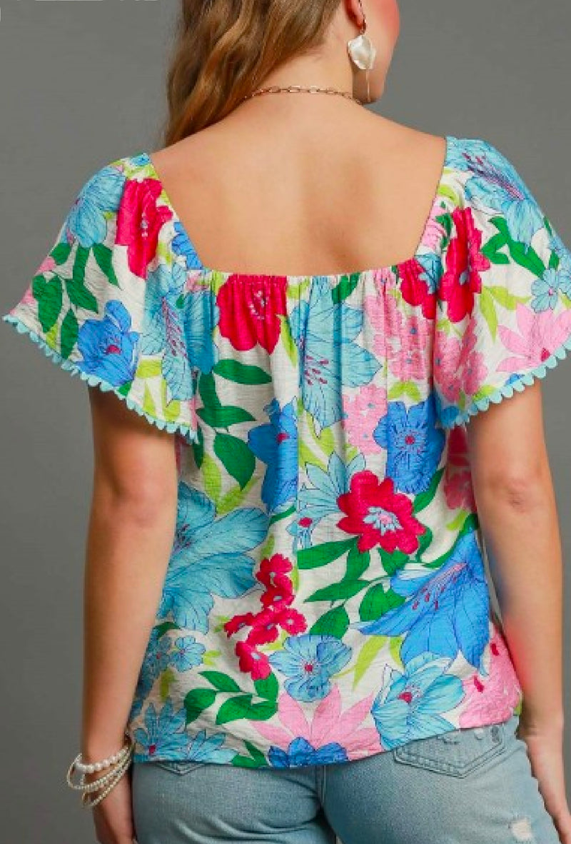 Flowers - Umgee Floral print babydoll top, square neckline scalloped edges