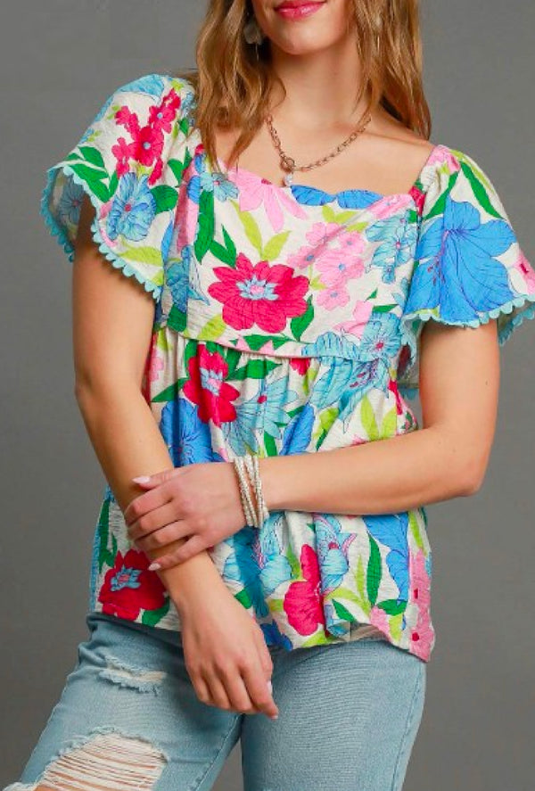 Flowers - Umgee Floral print babydoll top, square neckline scalloped edges