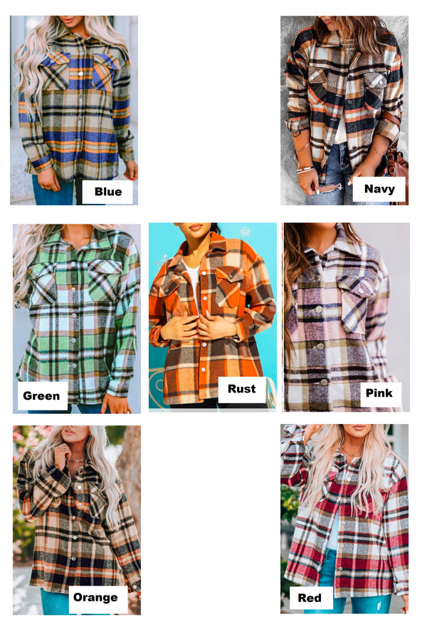 Francis - Plaid print pocketed button up shacket in 7 colors