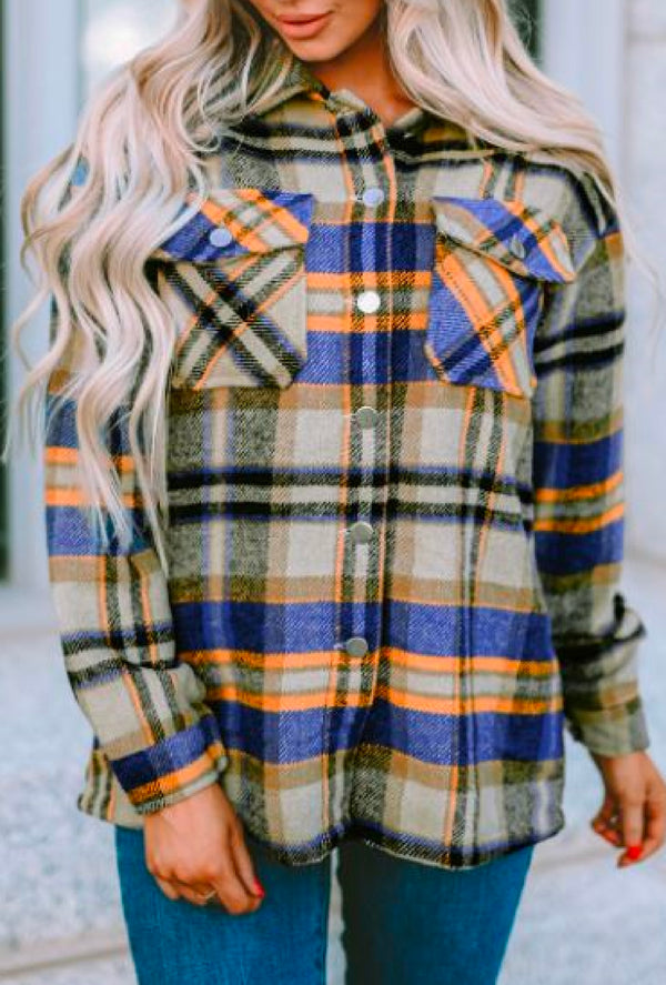 Francis - Plaid print pocketed button up shacket in 7 colors