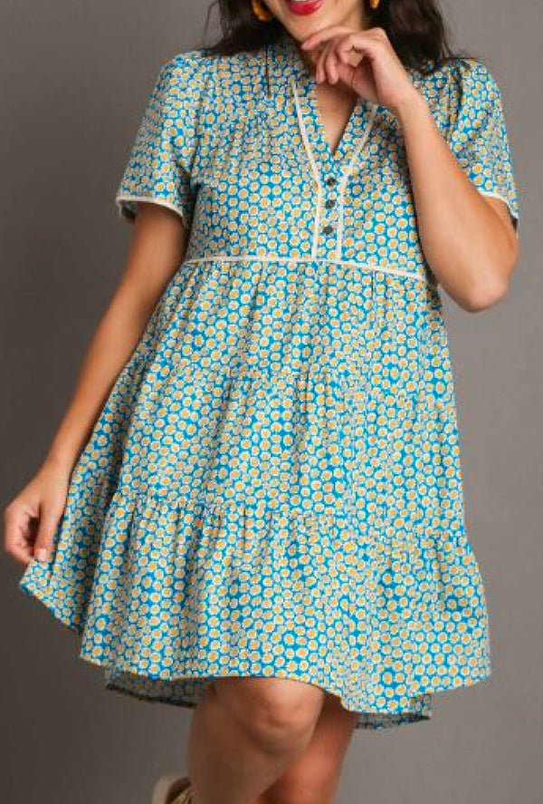 Gisela Shay - Umgee micro floral print V-neck dress with contrast piping, tiered bodice and functional buttons - Teal Mix