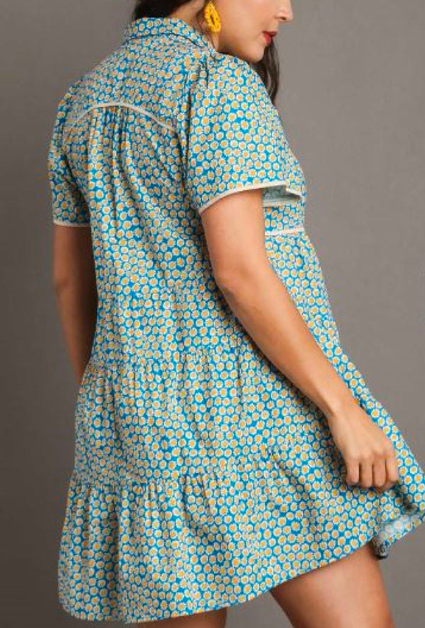 Gisela Shay - Umgee micro floral print V-neck dress with contrast piping, tiered bodice and functional buttons - Teal Mix