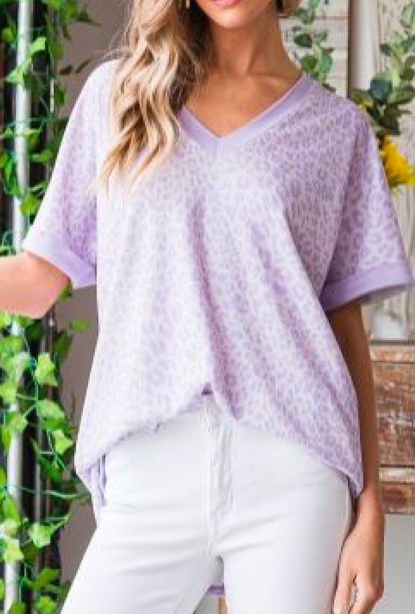 Hadley - Dolman short sleeve with band V-neck solid and animal print contrast top - Lavender