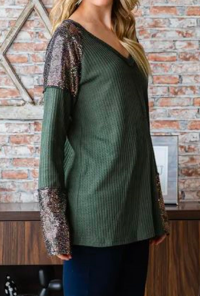 Harlette - Long sleeve V neck solid and sequins contrast top with stitch detail - Olive