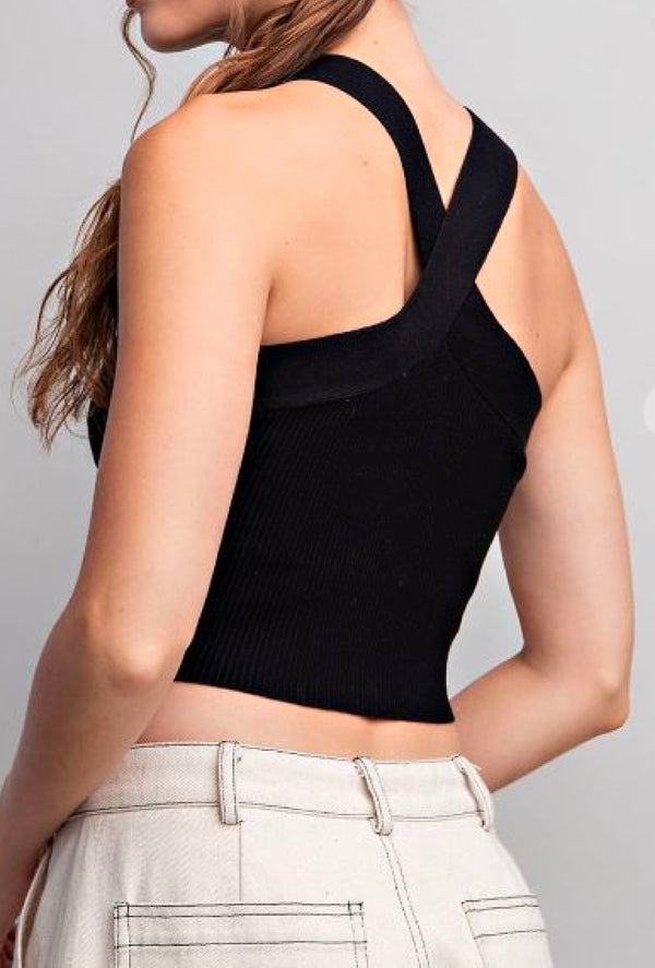 Ivee - Solid ribbed tank top halter neckline, cropped length and fitted - Black