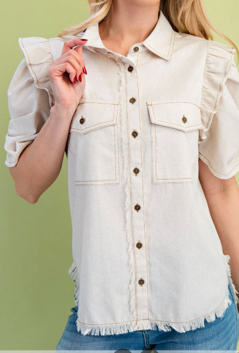 Jackyee - Ruffled gathered sleeve linen button up top