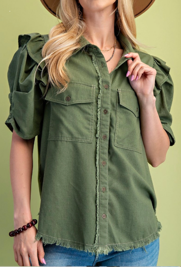 Jackyee - Ruffled gathered sleeve linen button up top