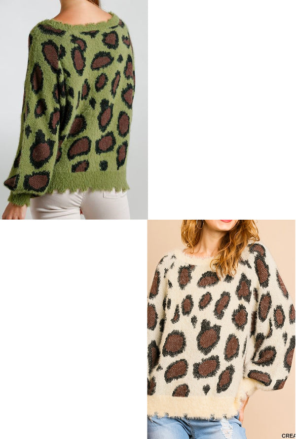 Jodie -  Umgee Animal print long puff sleeve fuzzy soft knit round neck pullover sweater - Cream Mix