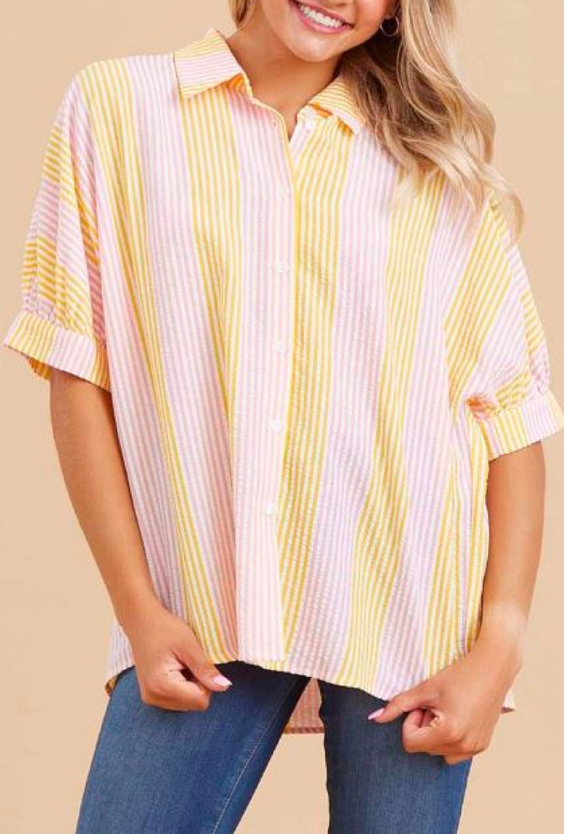 Jonnie - Striped collared neck, back shirring, front button and cuffed half dolman sleeves - Yellow/Pink Mix